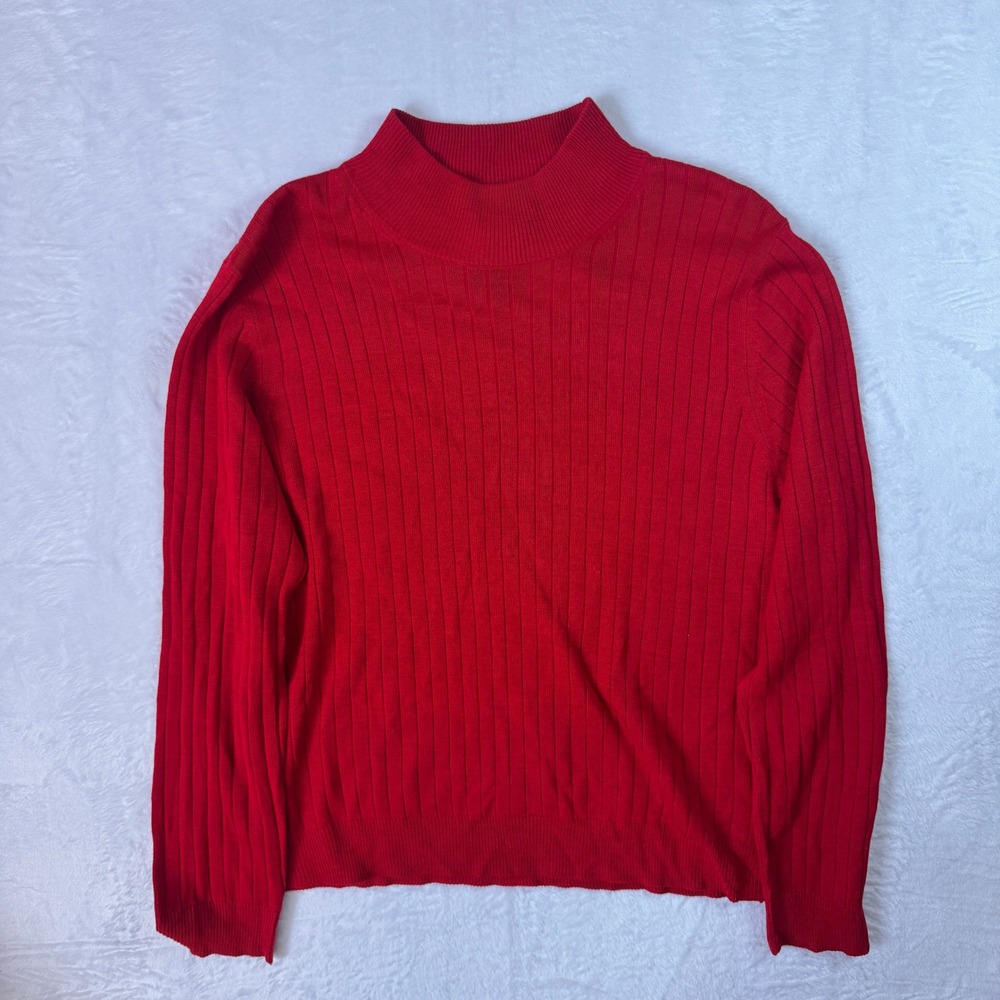 SILX Womens Red Wide Ribbed 100% SILK Mock neck Sweater SZ XL‎